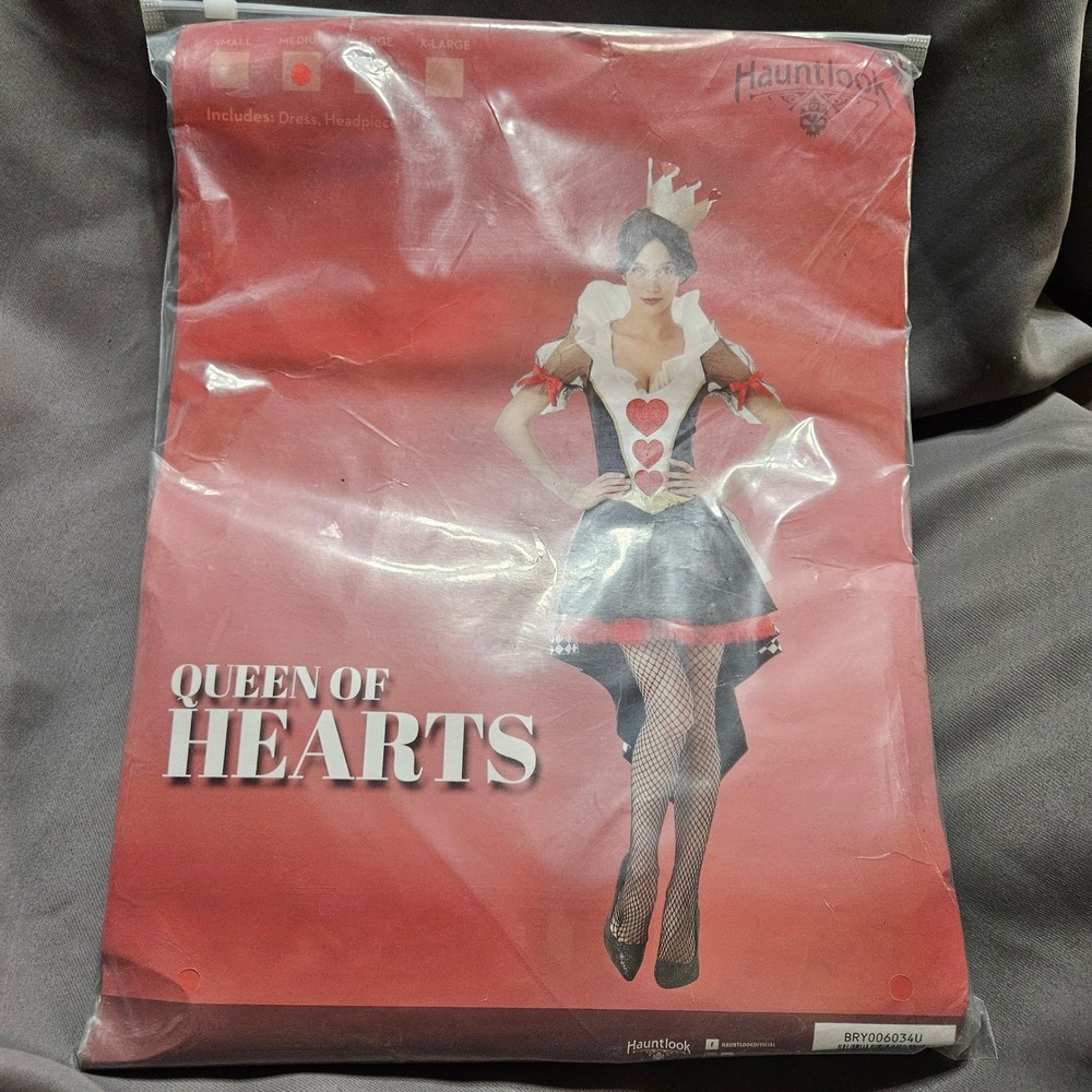 Queen of Hearts Halloween Costume Women Medium Dress Crown Wonderland Hauntlook